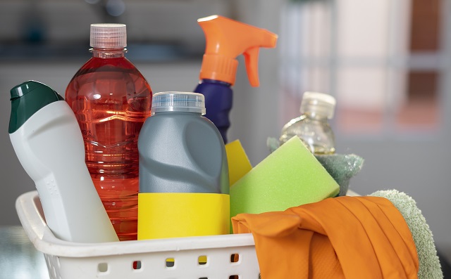 all-purpose cleaners in a basket